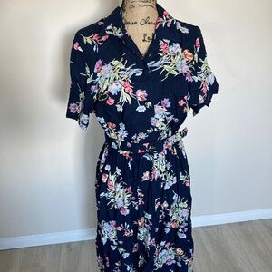 VINTAGE Options Della Spiga Sz 12 Ladies Shirt Dress Floral Navy Belted